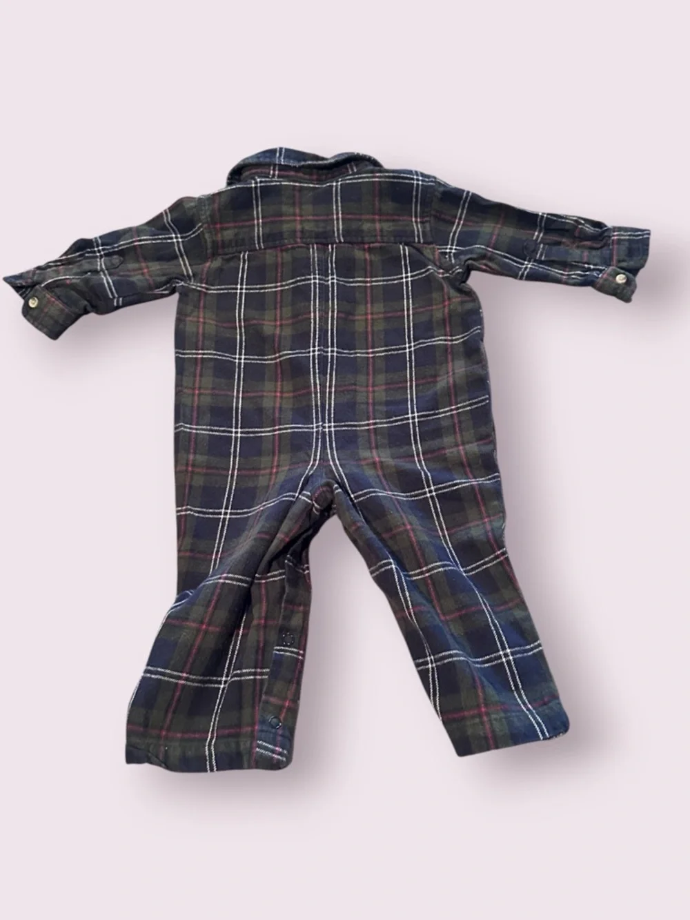 Vintage Koala Kids Baby Plaid Button-Up Baby Romper in Navy and Green Sz 18 Mon